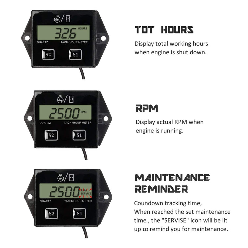 Tachometer for Small Engine,RPM Gauge and Hour Meter,Digital Tachometer Gauge for ZTR Lawn Mower Tractor Generator Marine Outboard ATV Motor Snowmobile and Gas Powered Equipment
