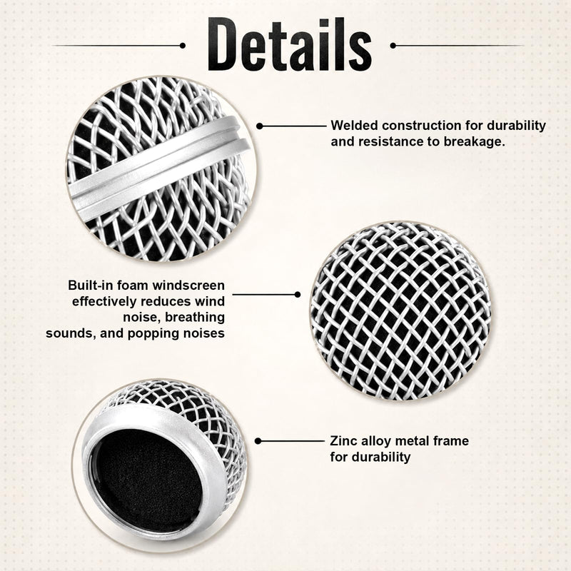 Microphone Head Replacement, Silver, 4 Pack with Black Inner Covers | Microphone Mesh Grill, Compatible with SM58, For Studio and Live Performances