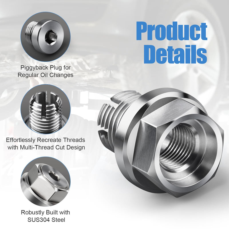 M14.1-1.5 x 15mm Oversize Piggyback Oil Drain Plug, Stainless Steel Self Tapping Oil Pan Thread Repair Kit M14.1-1.5 x 15mm