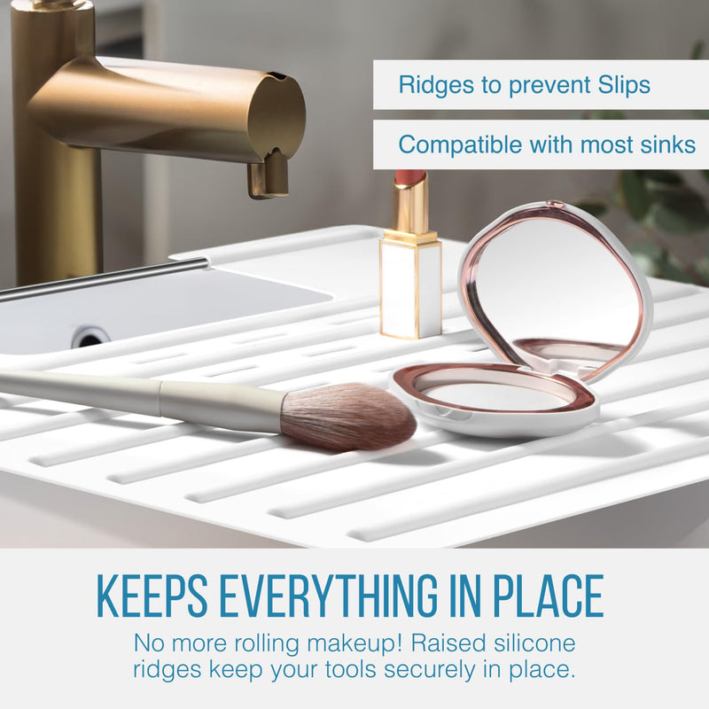 Maplefield Bathroom Sink Cover & Silicone Makeup Mat - White, 22" x 15" x 2" Inches - Heat Resistant to 400°F - Foldable Roll-Up Design with Raised Ridges - Space-Saving Countertop Mat Large