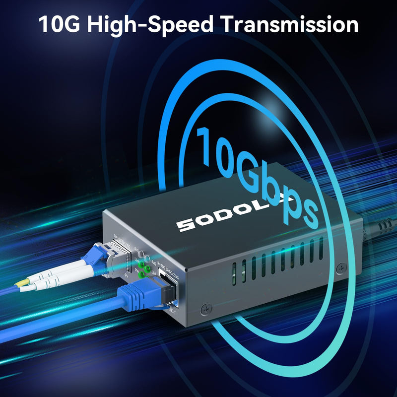 SODOLA 10GbE SFP+ Media Converter| RJ45 to SFP+ Transceiver | 100KM Fiber Support | Plug & Play | Port Lightning Protection 10Gb Ethernet Transceiver, (SFP Modules NOT Included)