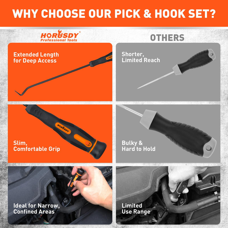 HORUSDY 8-Piece Professional Hook and Pick Set for Automotive Precision Work, Oil Seal Puller, O-Ring & Gasket Removal Tools with Ergonomic Handles for Mechanics, DIY Car Repair