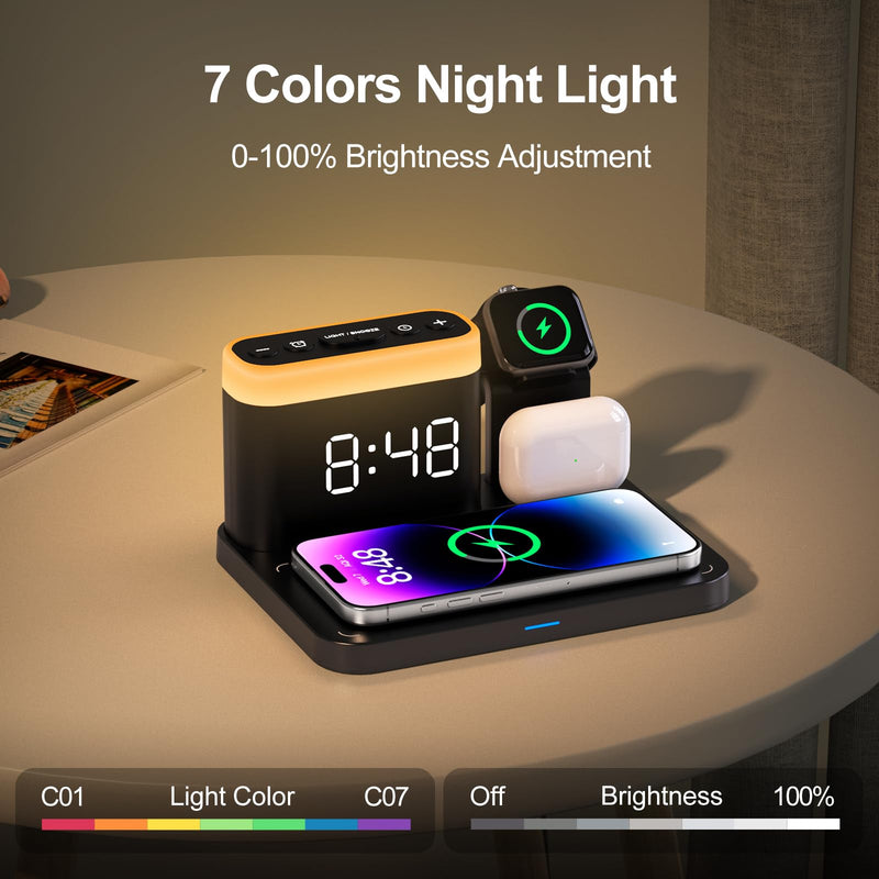 ANJANK Wireless Charging Station,5 in 1 Multiple Charger Stand with Alarm Clock,7 Night Light,Mag-Safe Charging Dock for iPhone 17 16 15 14 13 12 Pro Max Plus,Apple Watch 11/10/9/8,for Airpods,Bedroom Black