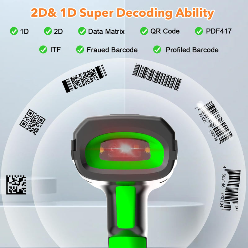 Symcode Upgraded 2D Barcode Scanner with Display Screen 1968 Feet Transmission Distance with Wireless Charging Cradle Bluetooth 433Mhz Wireless USB Wired Handheld Shock Dust Proof Bar Code Scanner