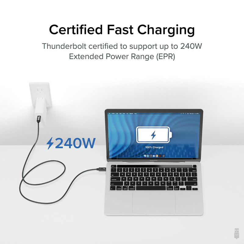 Plugable Thunderbolt 4 Cable 240W EPR Charging, 1M (3.3ft), Thunderbolt Certified, 40Gbps Data, Dual 4K or 1x 8K Display, Compatible with USB4, Thunderbolt 3, USB-C