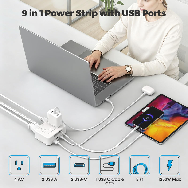 Surge Protector Power Strip with Retractable USB C Cable, 4 AC 4 USB White | PD20W Fast Charge, 750°C Fire Resistant & Double Pole Safety Switch, 5FT Flat Plug Extension Cord for Home Office Dorm Travel with Retractable Cable