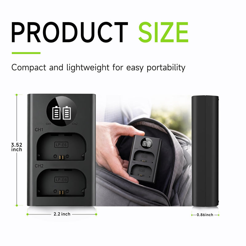 LP-E6 USB Dual Slot Charger for Canon EOS R6 Mark II R5 R6 R7 | Smart Camera Battery Charger for Canon LP-E6N LP-E6NH, Fits 5D Mark IV III II 6D II 90D 80D