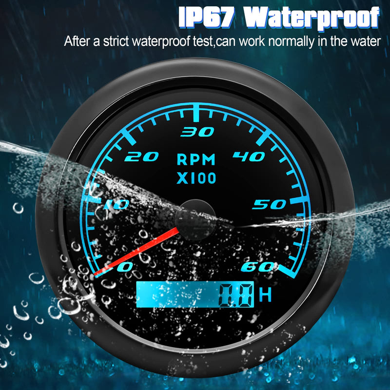 Tachometer Gauge 7 Color 0-6000 RPM Tacho Meter 85mm 3 3/8" for Auto Boat Marine Vehicle for 1-10 Cylinder Diesel and Gasoline Engine（Black） Black 6000RPM