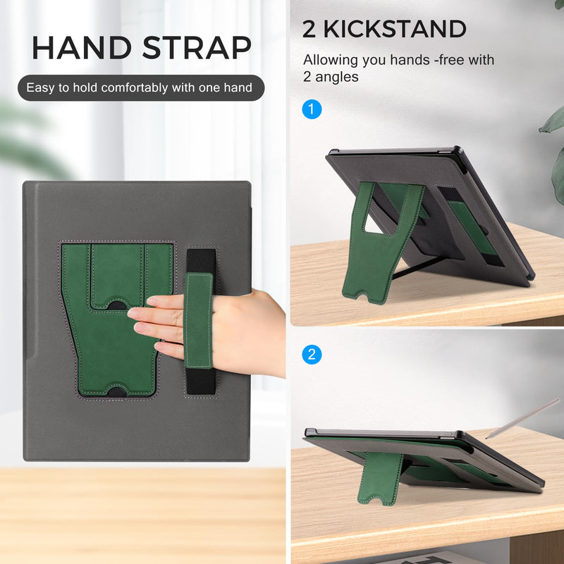 CoBak Stand Case for Remarkable Paper Pure 2026 10.3" with Hand Strap | Lightweight and Hard Back Shell Protective Book Folio Cover with 2 Kickstand Stand Angles, and Pen Holder Features, Emerald Emerald with Stand For reMarkable Paper Pure(2026)
