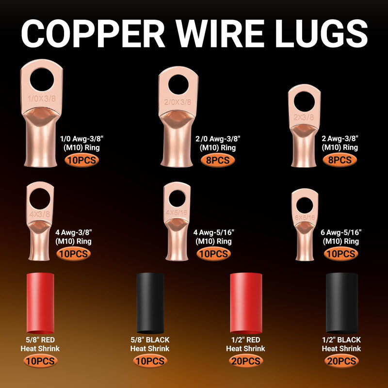 116pcs Battery Cable Ends Kit,1/0 AWG 2 AWG 2/0AWG 4 AWG 6 AWG Copper Lugs,0 Gauge Heavy Duty Wire lugs, 3/8" & 5/16" Ring Terminal Connectors with 3:1 Heat Shrink Tube & Storage Box 116