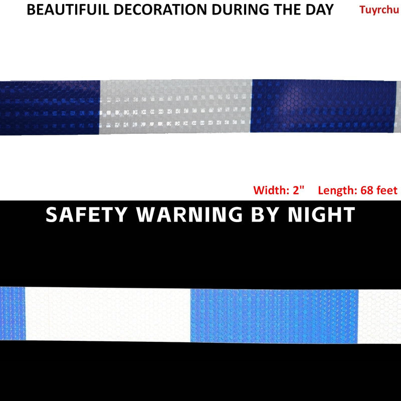 Reflective Tape Blue White 2 Inch x 68 Feet, Outdoor Waterproof Warning Reflector, Night Safety Stickers for Vehicles 2"X68ft Blue White+- 1