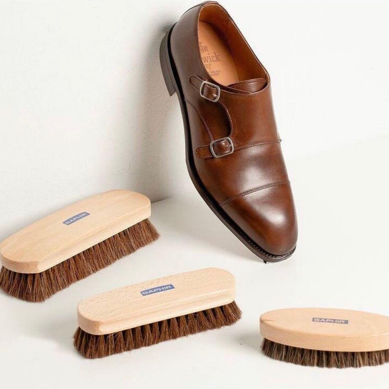 SAPHIR Oval Horsehair Brush - Shoe Polish - for Cleaning, Polishing & Buffing Leather Shoes - Brown Bristles - 5” (13.5cm)