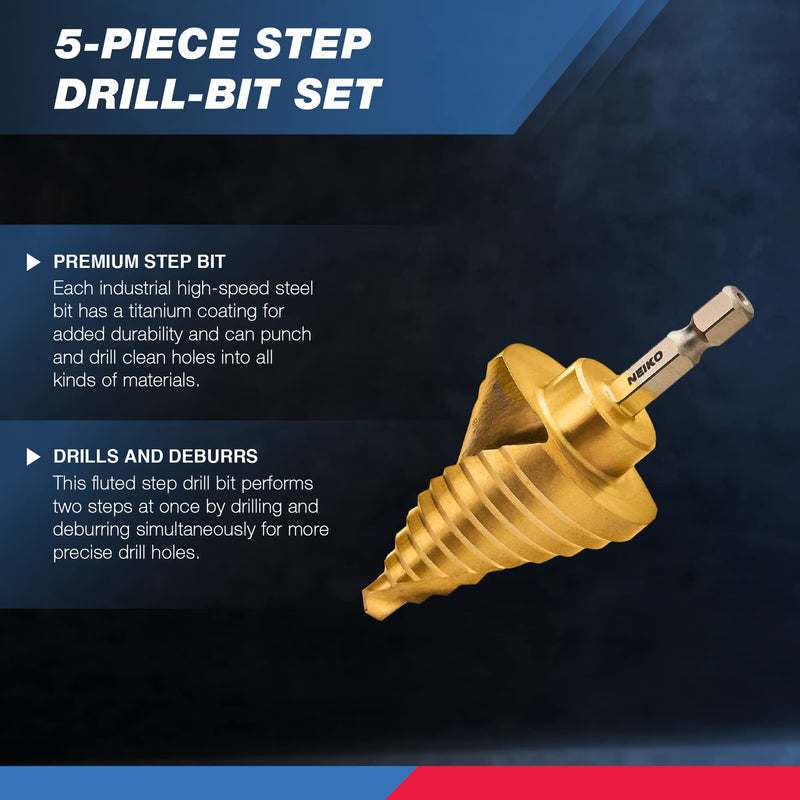 NEIKO 10173A Step Drill Bit Set for Metal and Wood, 5 Piece SAE, Spiral Grooved for Faster Drilling, Step Bits with 50 Total Step Sizes, Titanium Coated Unibits 5pc (1/8 to 1-3/8" 50S) Quick-Change Hex HSS