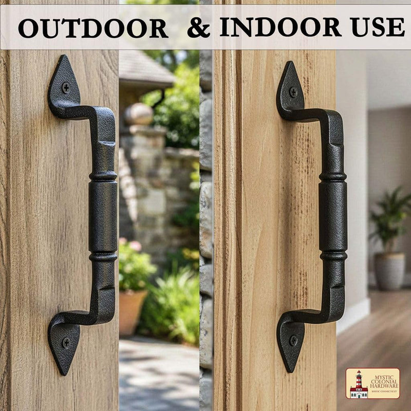 2 Pack Mystic Colonial Medieval Rustic Cast Iron Barn Door Handles - (6 inch) Colonial Pull Handles for Gates, Sheds, Cabinets & Garden Doors with Black Finish 6 Inch Pair Barrel Pull Handle
