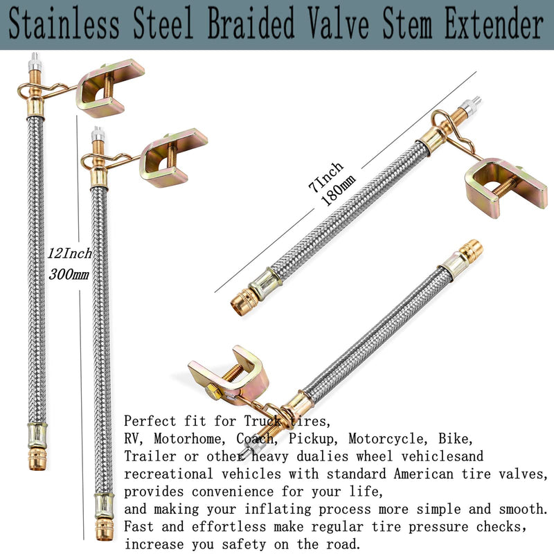 Valve Stem Extenders,4Pcs 7Inch and 12 Inch Dual Flexible Stainless Steel Braided Valve Stem Extensions,6Pieces 45 90 135 Degree Brass Valve Adaptors for Car Truck Motorhome Trailer RV Trucks 7 Inch, 12 Inch/Extensions
