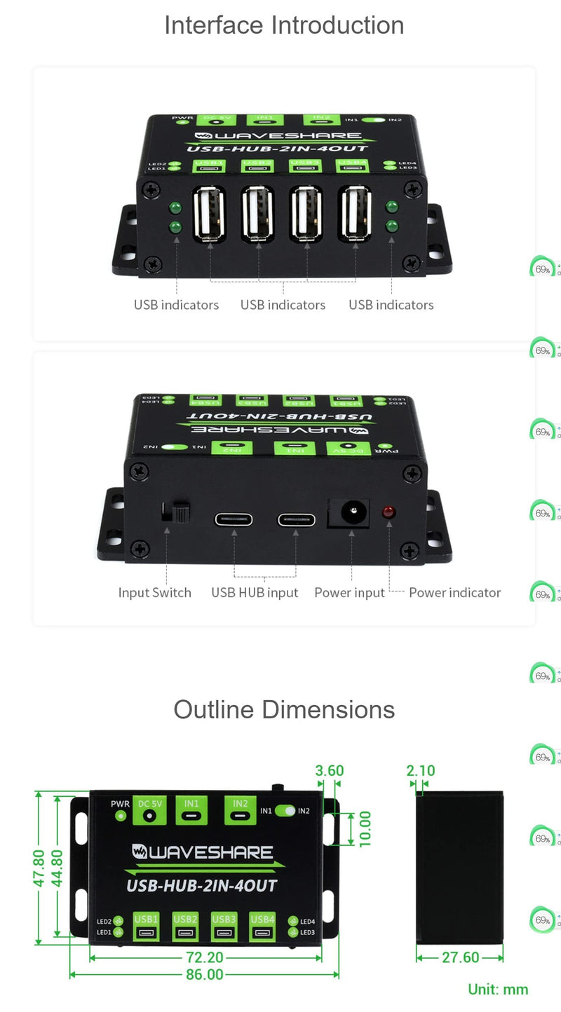 Industrial Grade USB HUB, 4X Extended USB Ports, Switchable Two Inputs, Sharing Two Hosts