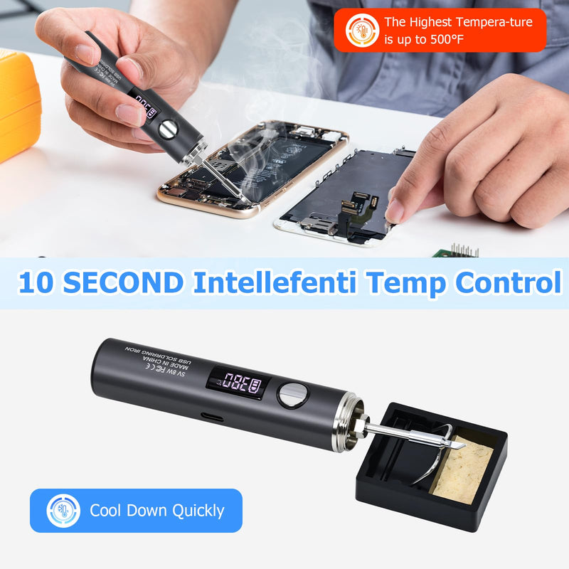 Cordless Soldering Iron, 10-Piece Kit 1400mAh Rechargeable Soldering Iron, 7 Seconds Fast Heating 500°F-788℉, Adjustable Temperature with LED Light for Electric Repairs & DIY Projects