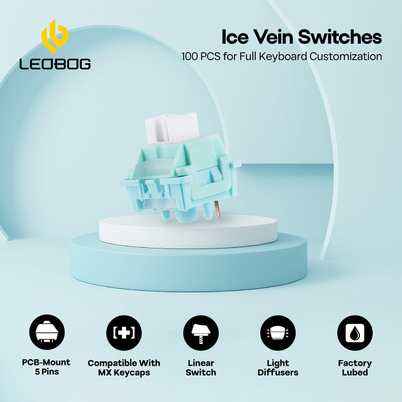 MechLands LEOBOG Ice Vein 100 Pcs 42gf Linear Keyboard Switches, Pre-Lubed 5-Pin Switch with POM Stem, Light Diffuser for Mechanical Gaming Keyboard, Compatible with MX Keycaps