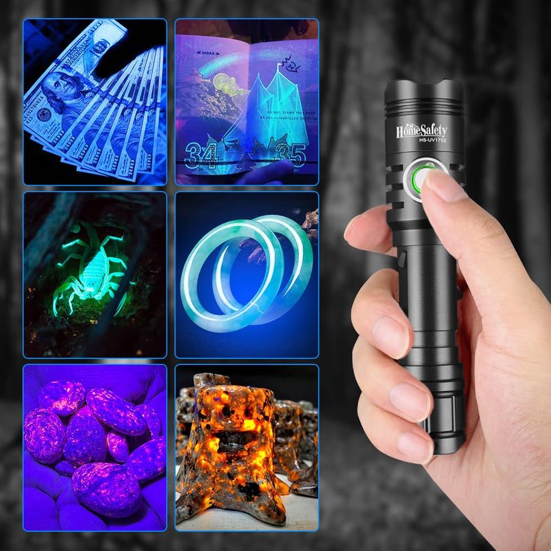 Home Safety 1702 365nm UV Flashlight Blacklight, High Power LED USB -C Rechargeable, Mini Portable Black Light for for Pet Urine Finding & Mineral, Antique Detection, Scorpion Search, etc 1702_UV 365nm