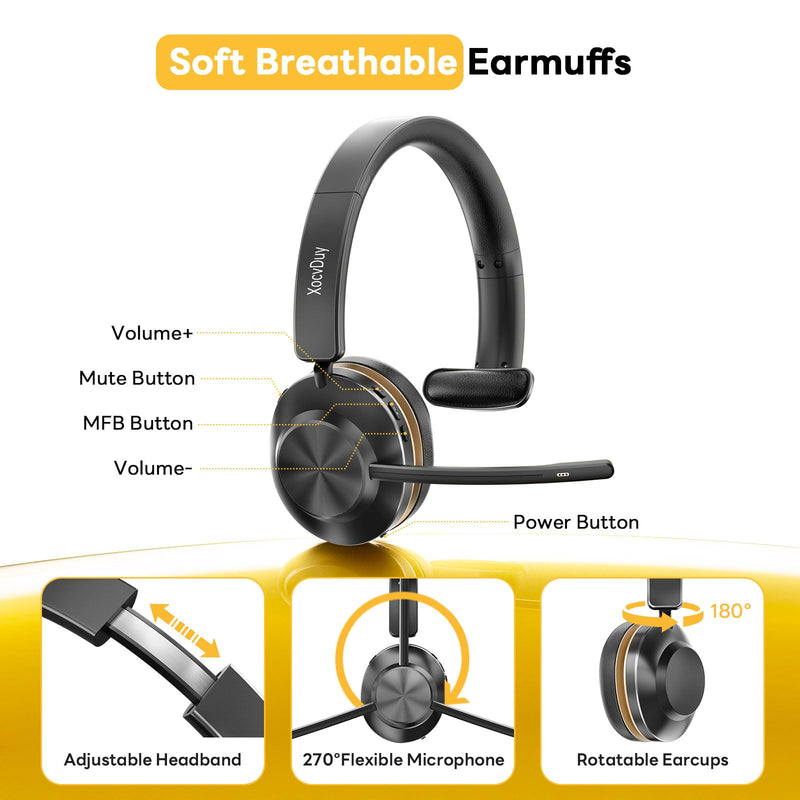 Bluetooth Headset, Wireless Headset with Mic for Work, Bluetooth 5.3, Wireless Headphones with AI Noise Cancelling Microphone (Clear Calls & Mic Mute), USB Dongle, for Computer/PC/Laptop/Zoom Black