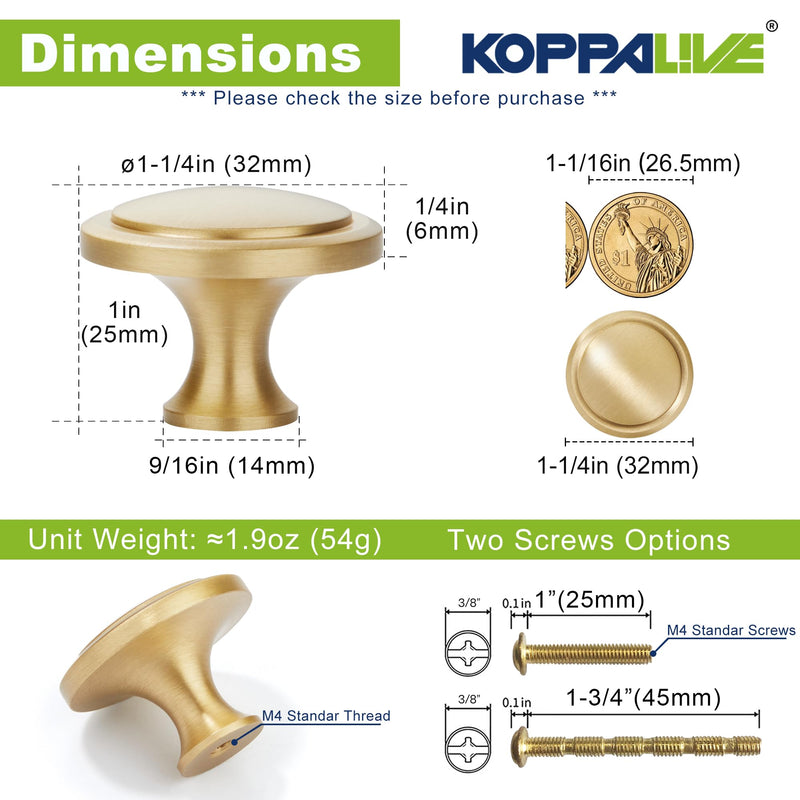 10-Pack Solid Brass Cabinet Knobs, Round Gold Knobs for Dresser Drawers, Brushed Brass Dresser Drawer Pulls Handles, Hardware for Kitchen Cabinets, Diameter 1-1/4 Inch 10