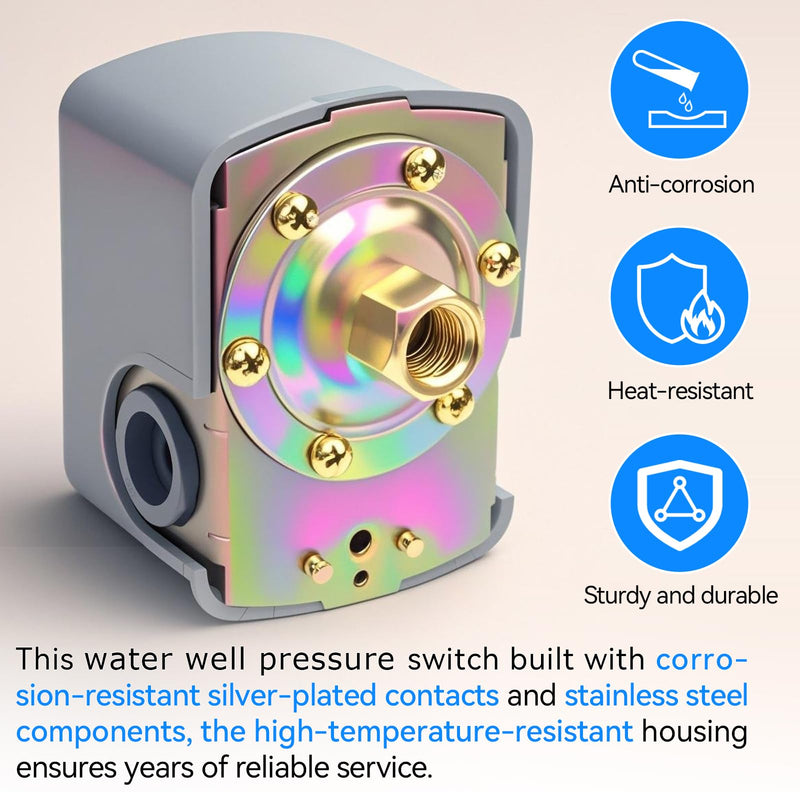 Well Pump Pressure Switch 40-60 PSI, Adjustable Differential, 1/4" NPT, Compatible with Square D 9013FSG2/Pumptrol, Low Pressure Cut-Off, Automatic Water Pump Switch - 2 Pcs