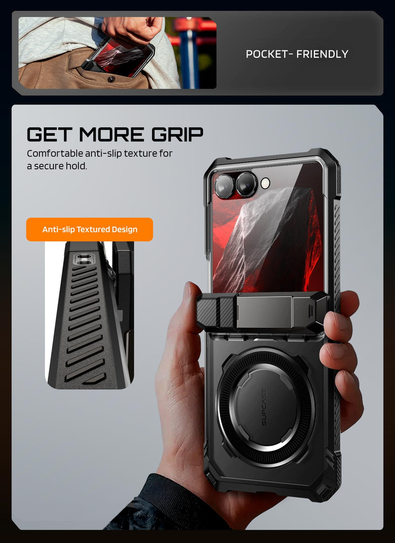 SUPCASE for Samsung Galaxy Z Flip 8 Case with Built-in Kickstand, Black | Front Screen Protector, Translucent PC Backplate, Hinge Protection, Support MagSafe, Strong Magnetic, Unicorn Beetle Grip