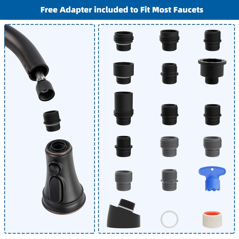 Hibbent Kitchen Faucet Head Replacement, NSF/ANSI/CAN 61 & CUPC Certified, 3 Function Pull Down Faucet Sprayer Nozzle - 15 Adapters Compatible with Moen, Delta, Kohler, Oil-Rubbed Bronze Stay on spray with hold button(common) Oil Rubbed Bronze