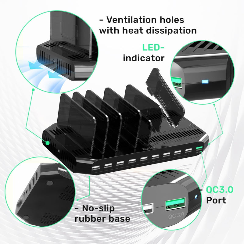 Multi USB Charging Station for Multiple Devices, 60W 10 Ports Multi Charger Station with QC3.0 Port & Adjustable Dividers Compatible with Tablets, Smartphones Black