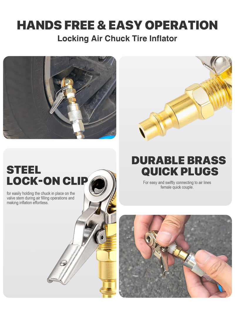 2-Pack 1/4 Inch Female NPT Closed Ball Tire Inflator with Clip, Locking Quick Connect, Clip-On Air Chucks for Truck RV Auto Car Air Compressor 1/4'' NPT Quick Plug