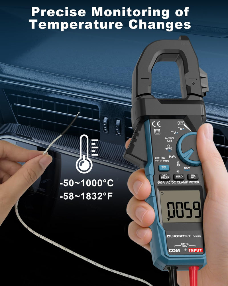 Clamp Meter DURFICST Digital Inrush Clamp Multimeter AC/DC 600A 6000 Counts Amp Voltage Tester with VFD, LOZ Mode，Measures AC/DC Current Voltage NCV Temperature Resistance Capacitance Frequency