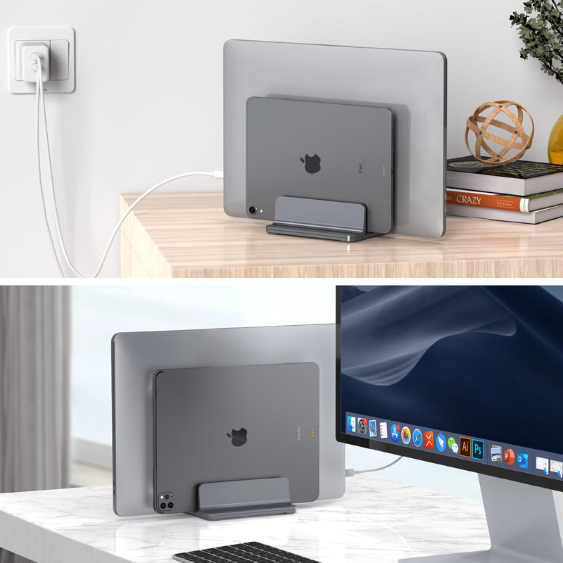 Dual-Slot Aluminum Vertical Laptop Stand for Desk - Adjustable Width Dock for MacBook, Surface, Samsung, HP, Dell up to 17.3 inches - Space-Saving & Protective Design - Gray 2-Slot