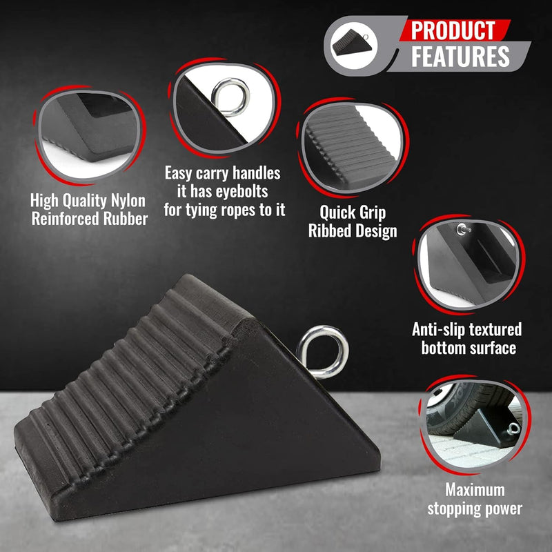 AFA Tooling - Heavy Duty Rubber Wheel Chocks w/Eyebolt Tie Off Handles - RV Wheel Chock for Front & Back Tires - Quick Grip Ribbed Design - Great for Your Camper, Trailer, RV, Truck, Car, ATV - 4 Pack 4 Pack Large w/Eyebolt