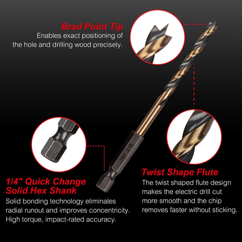 13PCS HSS Brad Point Wood Drill Bits Set for Carpenter Woodworking, 1/4" Hex Shank Black Gold for Hardwood, Plywood, Plastic 1/8"-1/2"