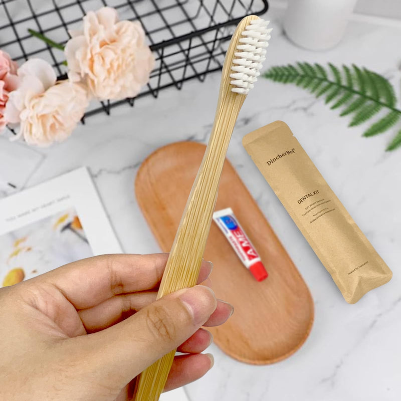 DincherBel Bamboo Toothbrushes Kit Bulk, Disposable Toothbrushes with Toothpaste(6g), Individually Wrapped Toiletries Amenities for Hotel, Airbnb, Homeless, Shelter, Camping and Travel (50 Pack) 50 Pack(Bamboo)