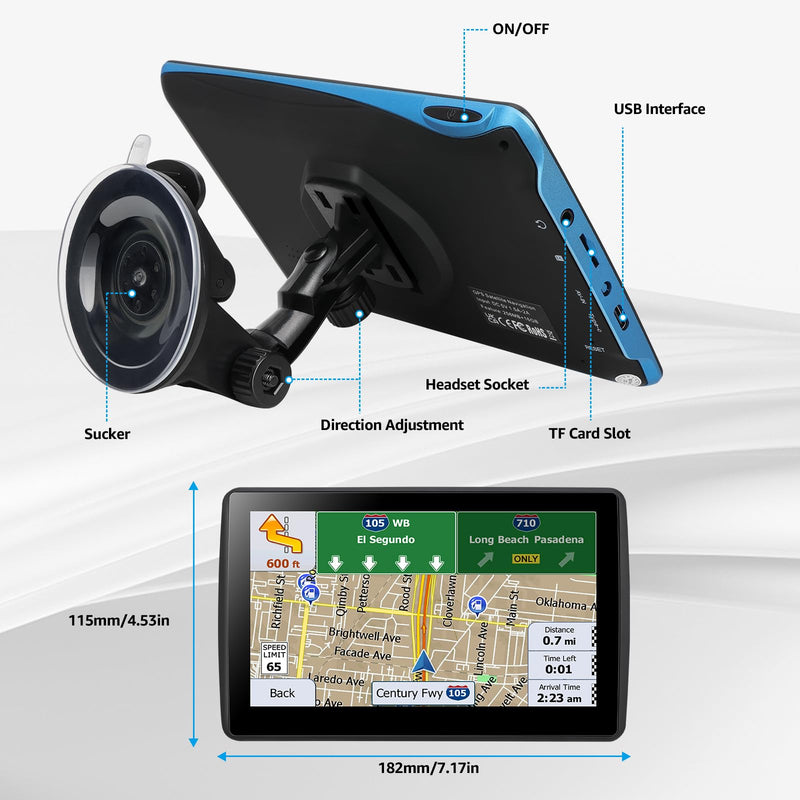 7'' GPS Navigator for Car - 2026 North America Maps Free Lifetime Updates | GPS for Car Truck Rv, Smart Voice Guidance for Turns & Speed Limit Alerts, Custom Truck Routing Blue