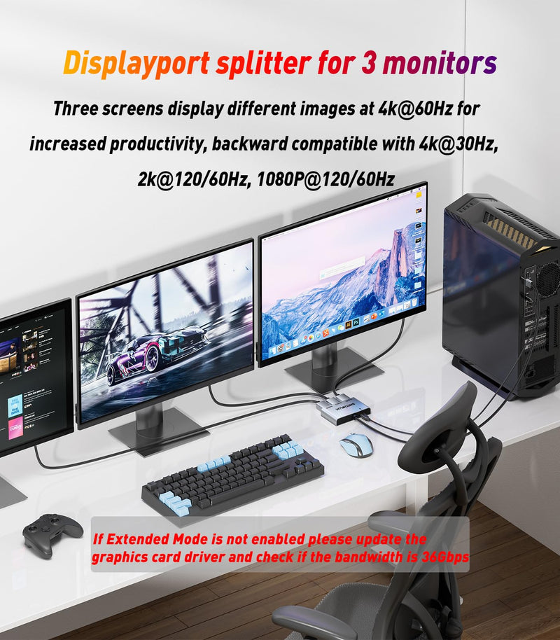 DisplayPort to Dual HDMI with DP Adapter |4K@60Hz| Extended Display 1 in 3 Out MST Hub for Multiple Monitors Compatible with PC,NVIDIA/AMD Graphics Card DP to dual HDMI with DP