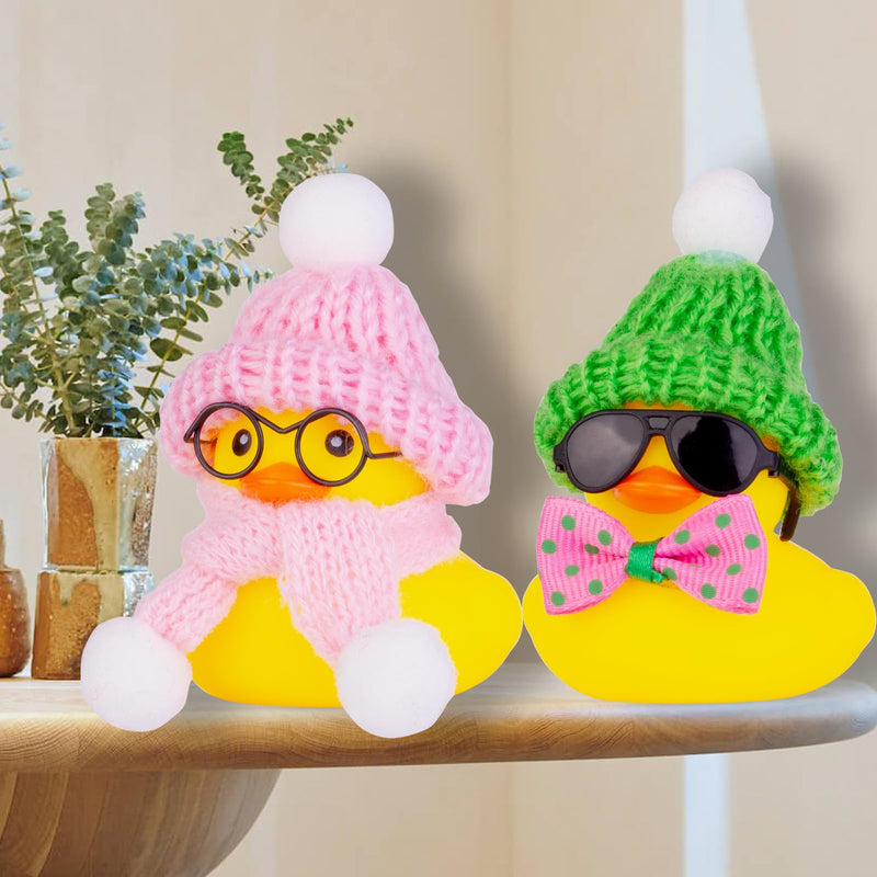 Car Rubber Duck Ornament Winter Duck Car Dashboard Decoration with Mini Beanie Hat Glasses and Scarf (E3) E3-c Glasses-pink Scarf&hat