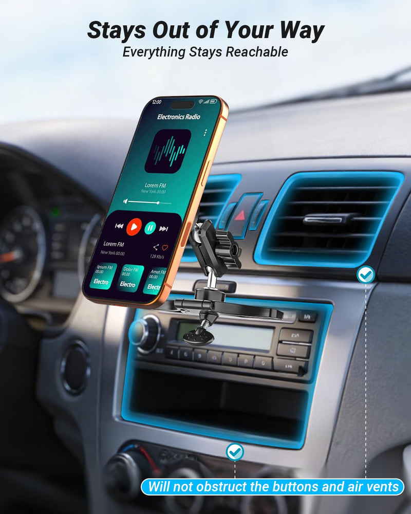 Metal Magnetic CD Slot Car Phone Mount with Adjustable Aluminum Arm | 360° Rotation Hands-free Magnet Holder for Car CD Player, Fit for iPhone 17 16 Pro/Max/Plus, Samsung, and All Android Phones