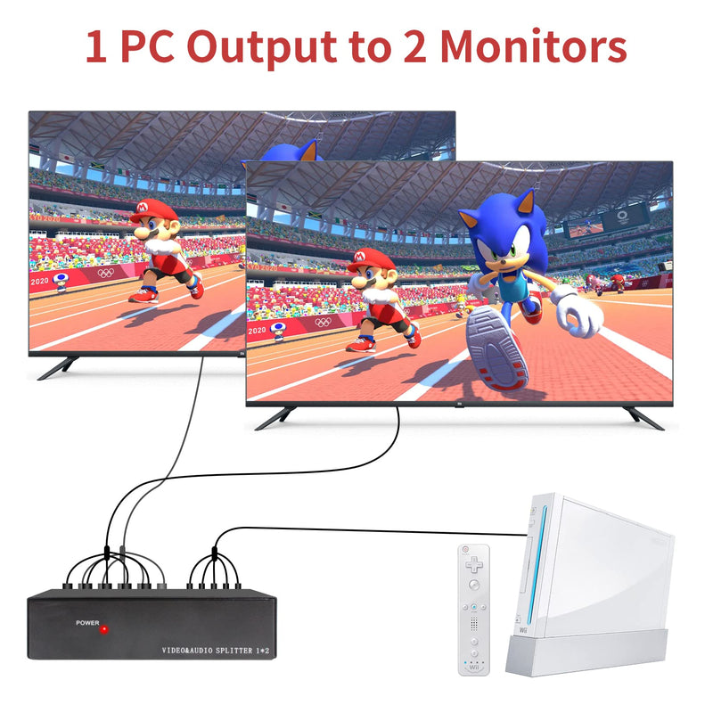 BolAAzuL 2-Way Component Video Splitter 1 in 2 Out, 1x2 YPbPr RCA Component AV Splitter Selector Converter, HDTV Video Audio Distribution 2 Port, Plug & Play, for Computers Video Scalars DVD VCR 1X2 Splitter