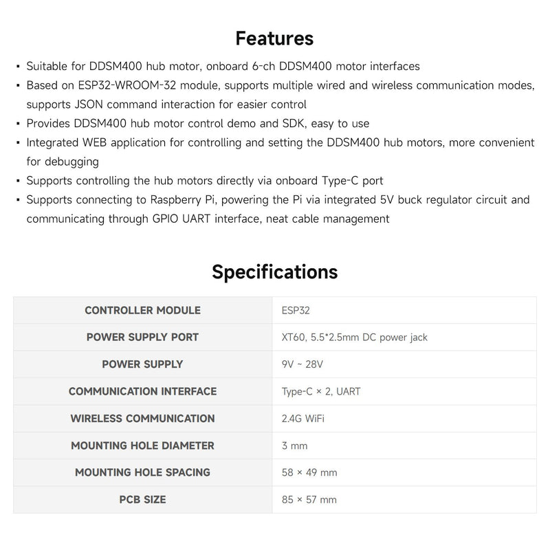 Waveshare Direct Drive Servo Motor Driver Board (B), Integrates ESP32 and Control Circuit, 2.4G WiFi Support, Suitable for DDSM400 Hub Motor, ESP Now Support