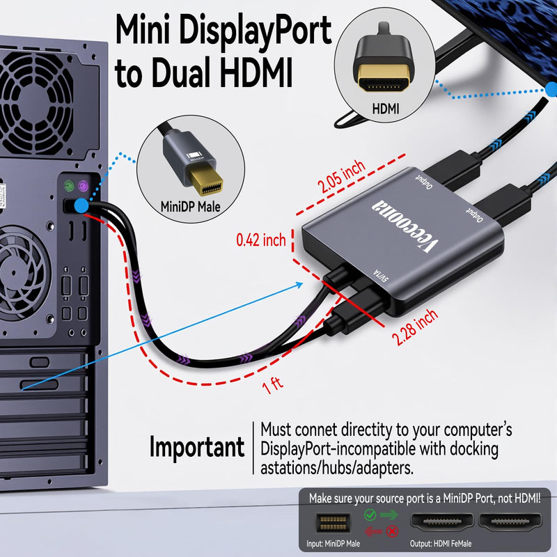 Mini DisplayPort to Dual HDMI Adapter | 4K60Hz, Thunderbolt 2 DP Male to HDMI Female Splitter Extended Display port splitter for Dual monitors, for MacBook Air/Pro, Mac mini, Surface Pro/Dock
