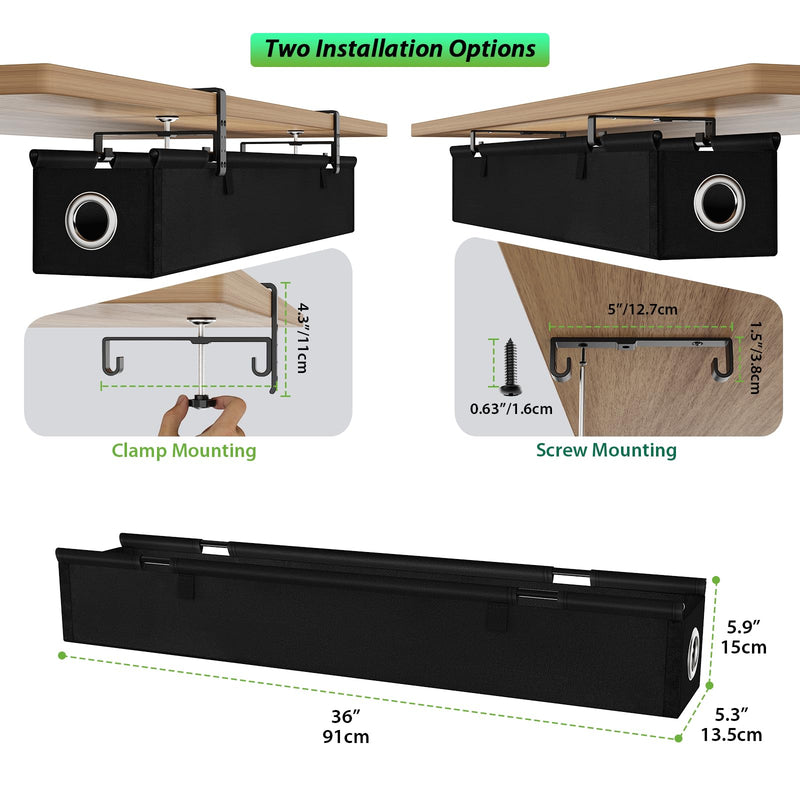 KEEGH Under Desk Cable Management Tray 36", No Drill Cord Organizer, Black | Heavy Duty, Large Capacity, 3-Level Clamp Fit 0"-2.5" Desks, Clamp/Screw Mount, for Home, Office, Gaming, Room, Studio