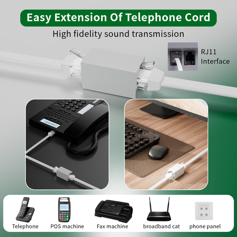 Telephone Extension Cord 100 Ft, Anti-UV Weatherproof Phone Cable Line Wire with Standard RJ11 Plug for Landline Modem Fax Machine Outdoor with 1 in-Line Coupler&Clip Holders -Flat-White 100FT