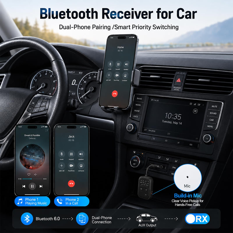 Bluetooth 6.0 Audio Transmitter Receiver, Airplane Bluetooth Adapter for TV | Dual Link for 2 Headphones, Qualcomm aptX LL, HD, 3.5mm AUX Audio Transmitter for Flight Trave, Gym, Low Latency, Black