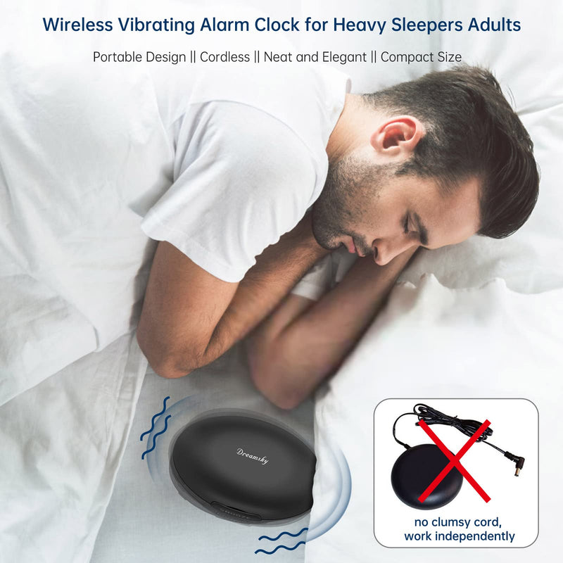 DreamSky Vibrating Alarm Clock for Heavy Sleepers - Bed Shaker Alarm Clock Under Pillow for Adults Teens Kids & Hearing Impaired, Rechargeable Battery Operated for Bedroom, Travel, Auto DST, Backlight Black