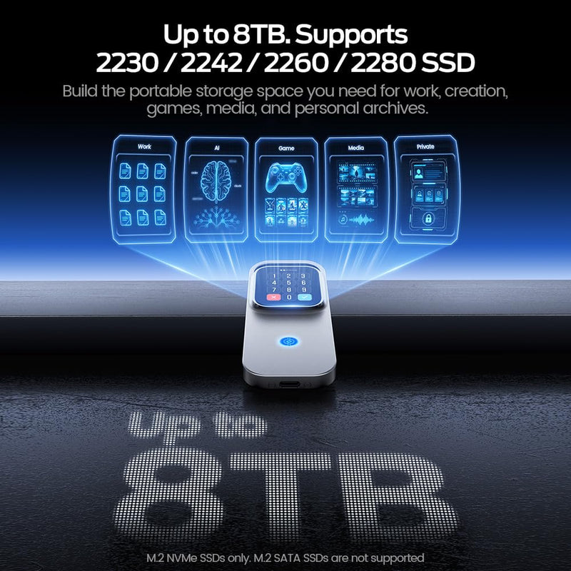 MOVE SPEED AC10 Smart Touchscreen SSD Enclosure, 10Gbps USB-C M.2 SSD Case with Real-Time Speed, Temperature, Charging Power Display, Touch Lock, 100W PD, Up to 8TB, Supports 2230/2242/2260/2280 SSD
