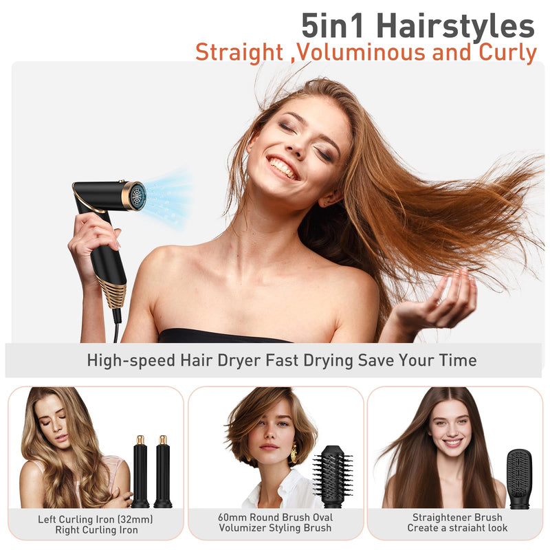 TANSHINE Foldable 5 in 1 Auto Wrap Hair Styler Brush | Foldable rotating handle, 1000W, dual voltage 100-240V, 3 temps 50/80/105°C, 5 heads, ionic, UK plug Black
