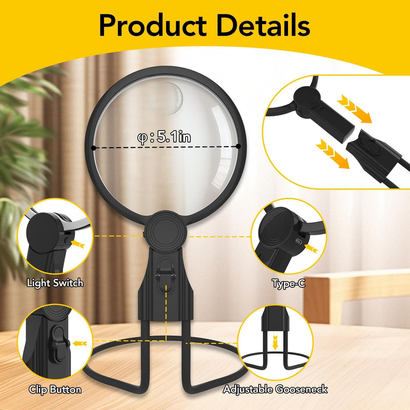 2500mAh Magnifying Glass with Light, 5X/10X Hands Free Magnifier for Reading, Sewing, Knitting, Cross Stitch & Crafts, Lighted Magnifier for Seniors & Low Vision 2500mah | No Display Neck-Worn Magnifier