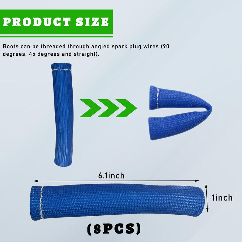 8 PCS Spark Plug Wire Boots, 6 Inch 1200° Automotive Heat Shield Thermal Protection Insulator Sleeve Cover, Fireproof Spark Plugs Protect Boot Replacement, Car Accessories (Blue) Blue
